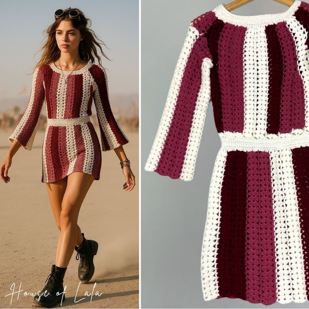VINTAGE striped crochet mini sweater dress long sleeve - Picture 1 of 7